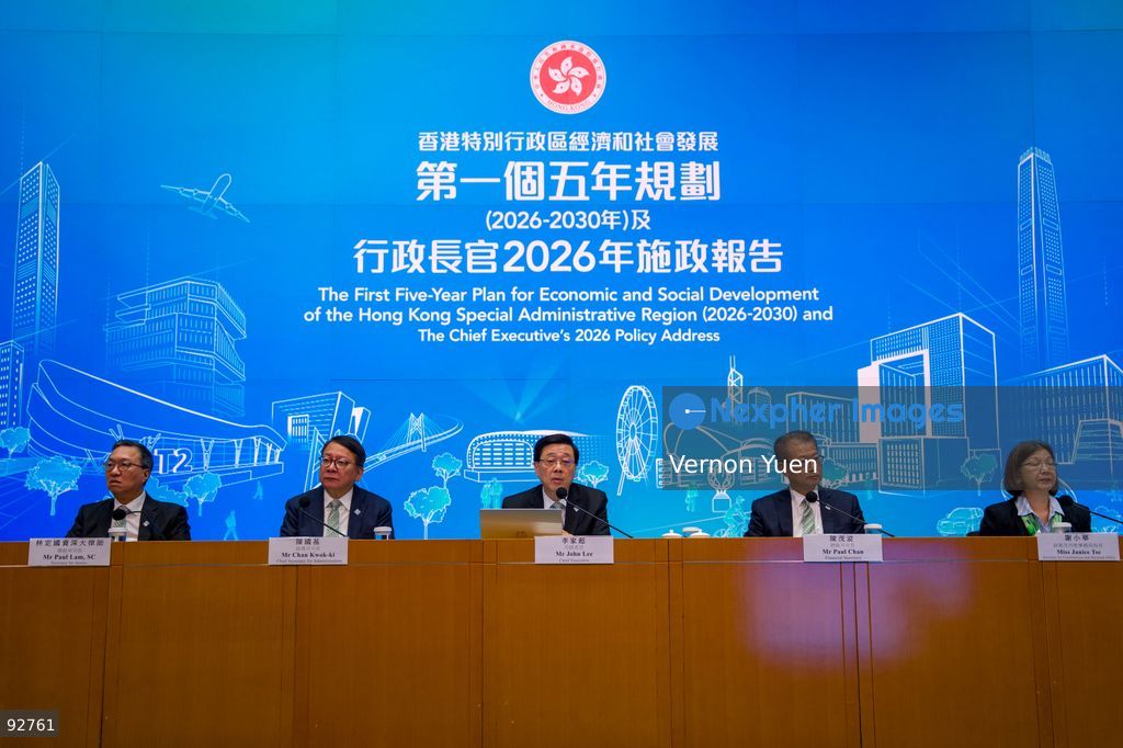 From Left to Right, Hong Kong Secretary for Justice, Paul Lam Ting-kwok, Hong Kong Chief Secretary for Administration, Chan Kwok-ki, Hong Kong Chief Executive, John Lee, Hong Kong Financial Secretary, Paul Chan, Hong Kong Secretary for Constitutional and Mainland Affairs, Janice Tse Siu-wa during a press conference on the first five year plan and 2026 policy address on September 16, 2026 in Hong Kong. Hong Kong today released its First five year plan along side with the Chief Executive’s 2026 Policy Address. (Photo by Vernon Yuen/Nexpher Images)