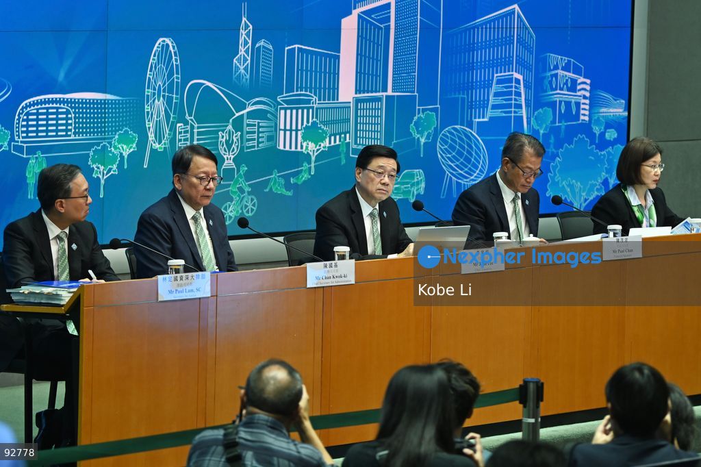 From Left to Right, Hong Kong Secretary for Justice, Paul Lam Ting-kwok, Hong Kong Chief Secretary for Administration, Chan Kwok-ki, Hong Kong Chief Executive, John Lee, Hong Kong Financial Secretary, Paul Chan, Hong Kong Secretary for Constitutional and Mainland Affairs, Janice Tse Siu-wa during a press conference on the first five year plan and 2026 policy address on September 16, 2026 in Hong Kong. Hong Kong today released its First five year plan along side with the Chief Executive’s 2026 Policy Address. (Photo by Kobe Li/Nexpher Images)