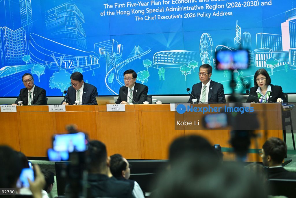 From Left to Right, Hong Kong Secretary for Justice, Paul Lam Ting-kwok, Hong Kong Chief Secretary for Administration, Chan Kwok-ki, Hong Kong Chief Executive, John Lee, Hong Kong Financial Secretary, Paul Chan, Hong Kong Secretary for Constitutional and Mainland Affairs, Janice Tse Siu-wa during a press conference on the first five year plan and 2026 policy address on September 16, 2026 in Hong Kong. Hong Kong today released its First five year plan along side with the Chief Executive’s 2026 Policy Address. (Photo by Kobe Li/Nexpher Images)