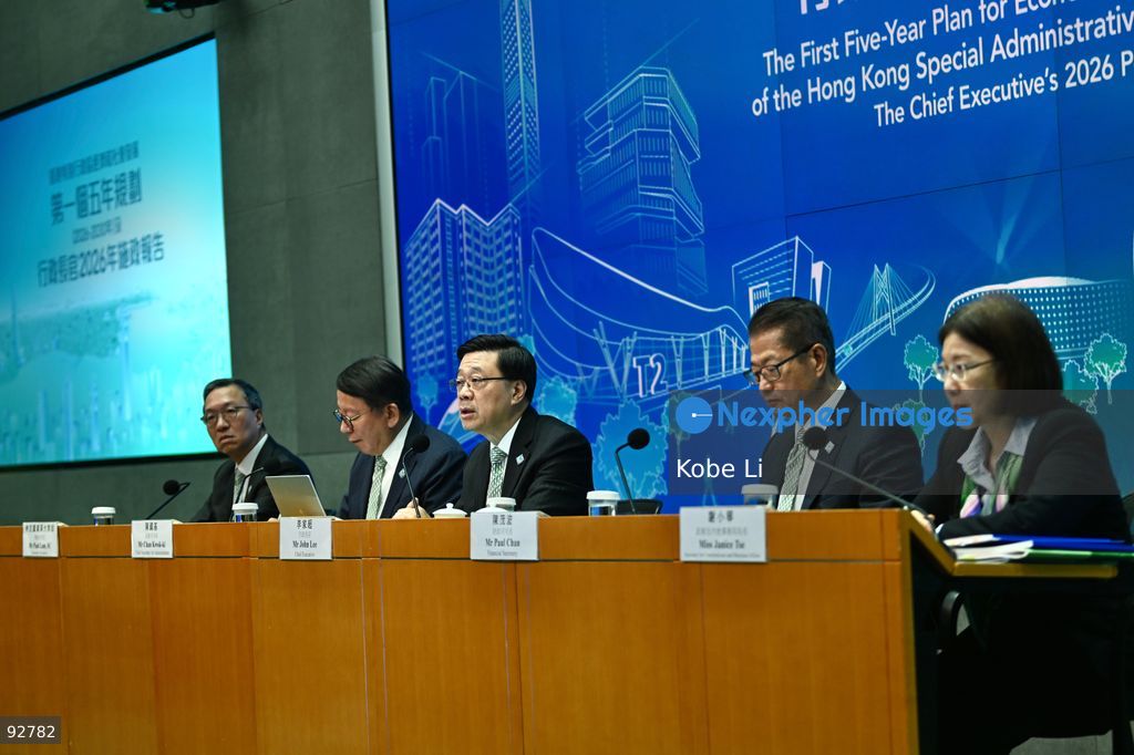From Left to Right, Hong Kong Secretary for Justice, Paul Lam Ting-kwok, Hong Kong Chief Secretary for Administration, Chan Kwok-ki, Hong Kong Chief Executive, John Lee, Hong Kong Financial Secretary, Paul Chan, Hong Kong Secretary for Constitutional and Mainland Affairs, Janice Tse Siu-wa during a press conference on the first five year plan and 2026 policy address on September 16, 2026 in Hong Kong. Hong Kong today released its First five year plan along side with the Chief Executive’s 2026 Policy Address. (Photo by Kobe Li/Nexpher Images)