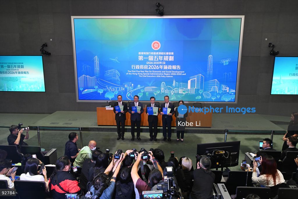 From Left to Right, Hong Kong Secretary for Justice, Paul Lam Ting-kwok, Hong Kong Chief Secretary for Administration, Chan Kwok-ki, Hong Kong Chief Executive, John Lee, Hong Kong Financial Secretary, Paul Chan, Hong Kong Secretary for Constitutional and Mainland Affairs, Janice Tse Siu-wa during a press conference on the first five year plan and 2026 policy address on September 16, 2026 in Hong Kong. Hong Kong today released its First five year plan along side with the Chief Executive’s 2026 Policy Address. (Photo by Kobe Li/Nexpher Images)