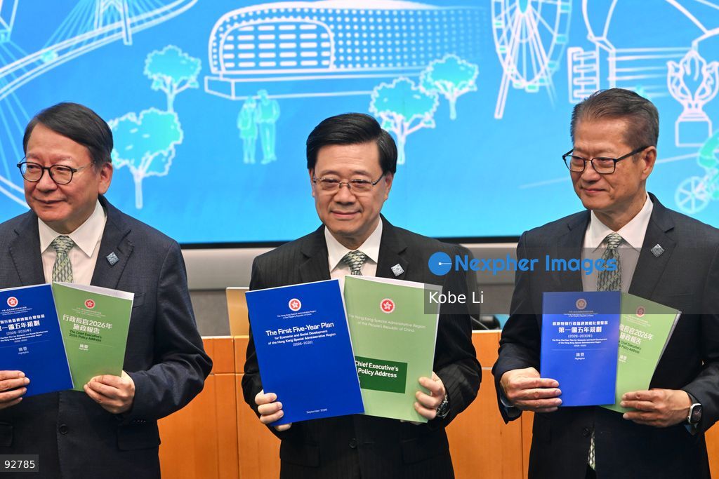 From Left to Right, Hong Kong Chief Secretary for Administration, Chan Kwok-ki, Hong Kong Chief Executive, John Lee, Hong Kong Financial Secretary, Paul Chan during a press conference on the first five year plan and 2026 policy address on September 16, 2026 in Hong Kong. Hong Kong today released its First five year plan along side with the Chief Executive’s 2026 Policy Address. (Photo by Kobe Li/Nexpher Images)