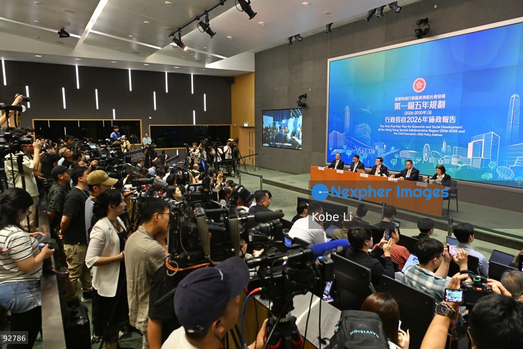 From Left to Right, Hong Kong Secretary for Justice, Paul Lam Ting-kwok, Hong Kong Chief Secretary for Administration, Chan Kwok-ki, Hong Kong Chief Executive, John Lee, Hong Kong Financial Secretary, Paul Chan, Hong Kong Secretary for Constitutional and Mainland Affairs, Janice Tse Siu-wa during a press conference on the first five year plan and 2026 policy address on September 16, 2026 in Hong Kong. Hong Kong today released its First five year plan along side with the Chief Executive’s 2026 Policy Address. (Photo by Kobe Li/Nexpher Images)