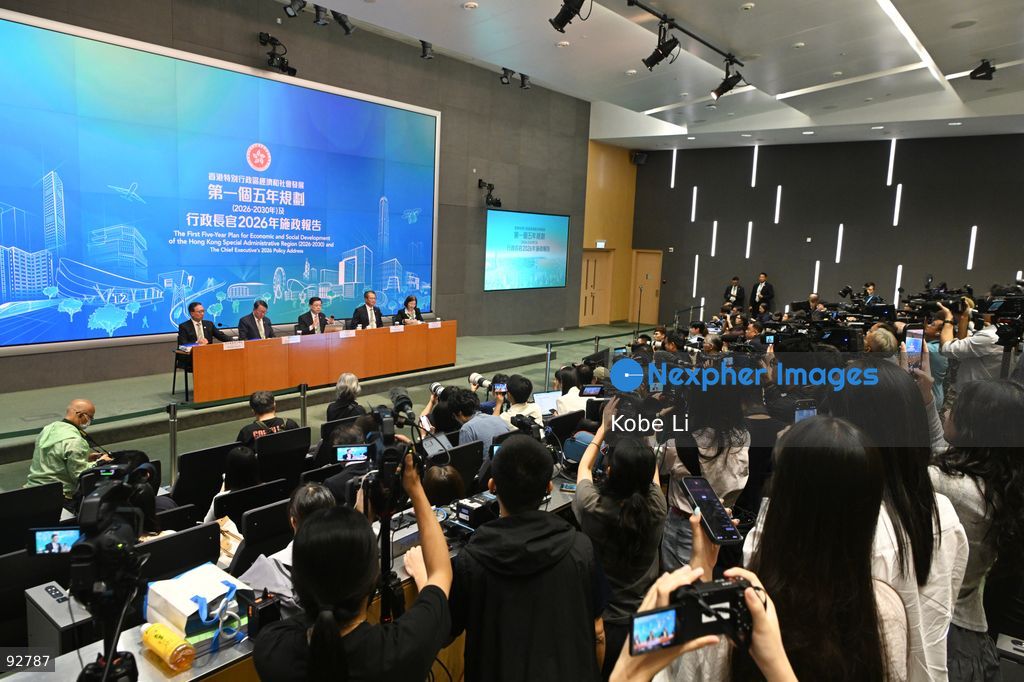 From Left to Right, Hong Kong Secretary for Justice, Paul Lam Ting-kwok, Hong Kong Chief Secretary for Administration, Chan Kwok-ki, Hong Kong Chief Executive, John Lee, Hong Kong Financial Secretary, Paul Chan, Hong Kong Secretary for Constitutional and Mainland Affairs, Janice Tse Siu-wa during a press conference on the first five year plan and 2026 policy address on September 16, 2026 in Hong Kong. Hong Kong today released its First five year plan along side with the Chief Executive’s 2026 Policy Address. (Photo by Kobe Li/Nexpher Images)