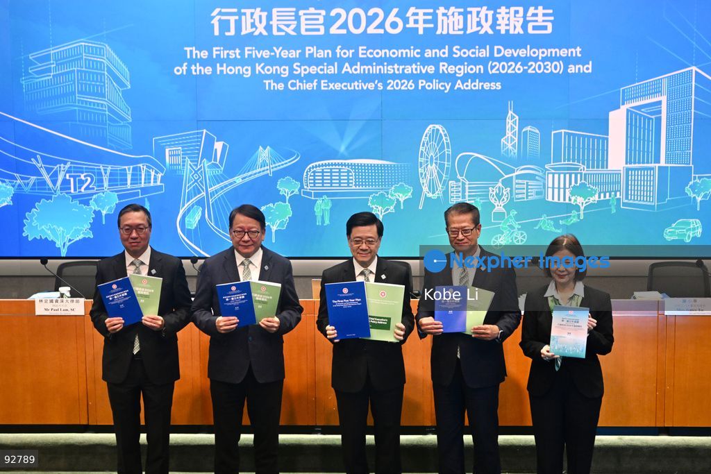From Left to Right, Hong Kong Secretary for Justice, Paul Lam Ting-kwok, Hong Kong Chief Secretary for Administration, Chan Kwok-ki, Hong Kong Chief Executive, John Lee, Hong Kong Financial Secretary, Paul Chan, Hong Kong Secretary for Constitutional and Mainland Affairs, Janice Tse Siu-wa during a press conference on the first five year plan and 2026 policy address on September 16, 2026 in Hong Kong. Hong Kong today released its First five year plan along side with the Chief Executive’s 2026 Policy Address. (Photo by Kobe Li/Nexpher Images)