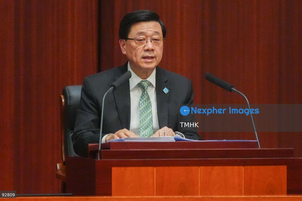 A close-up view shows Hong Kong Chief Executive John Lee Ka-chiu delivering his 2026 Policy Address and the "First Five-Year Plan of Hong Kong" at the Legislative Council chamber on September 16, 2026 in Hong Kong. (Photo by Zulu Lo/TMHK via Nexpher Images)