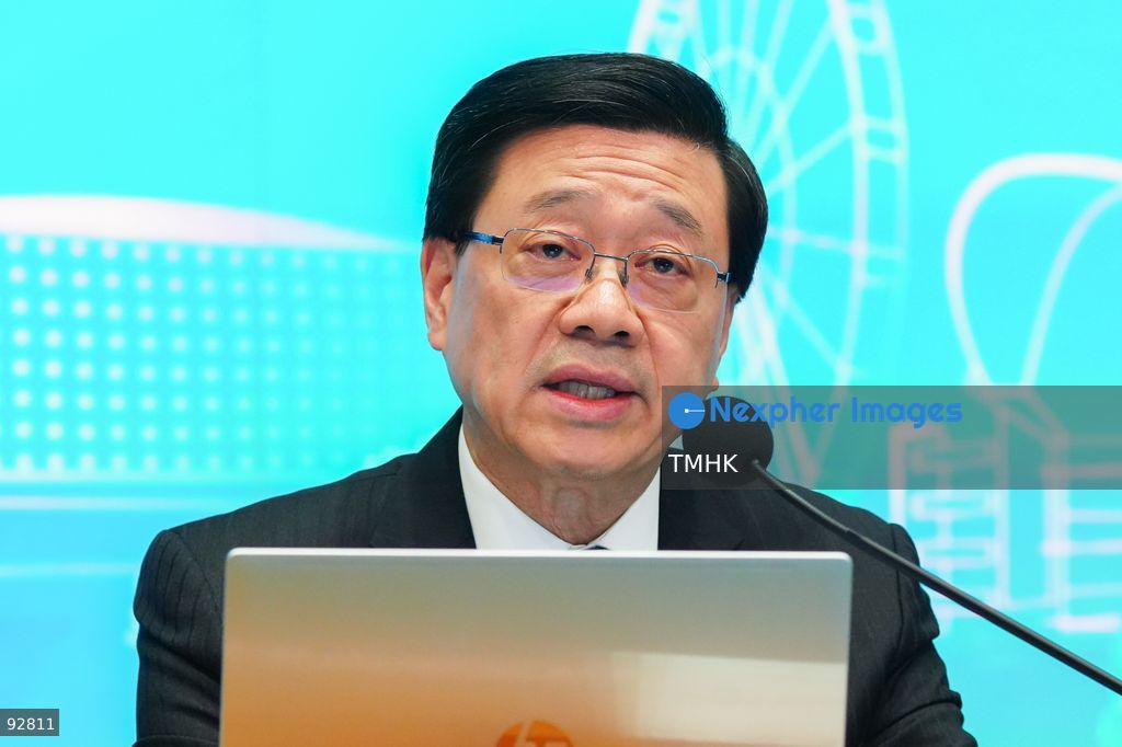 A close-up view shows Hong Kong Chief Executive John Lee Ka-chiu speaking during a press conference on the 2026 Policy Address and the "First Five-Year Plan of Hong Kong" on September 16, 2026 in Hong Kong. (Photo by Zulu Lo/TMHK via Nexpher Images)