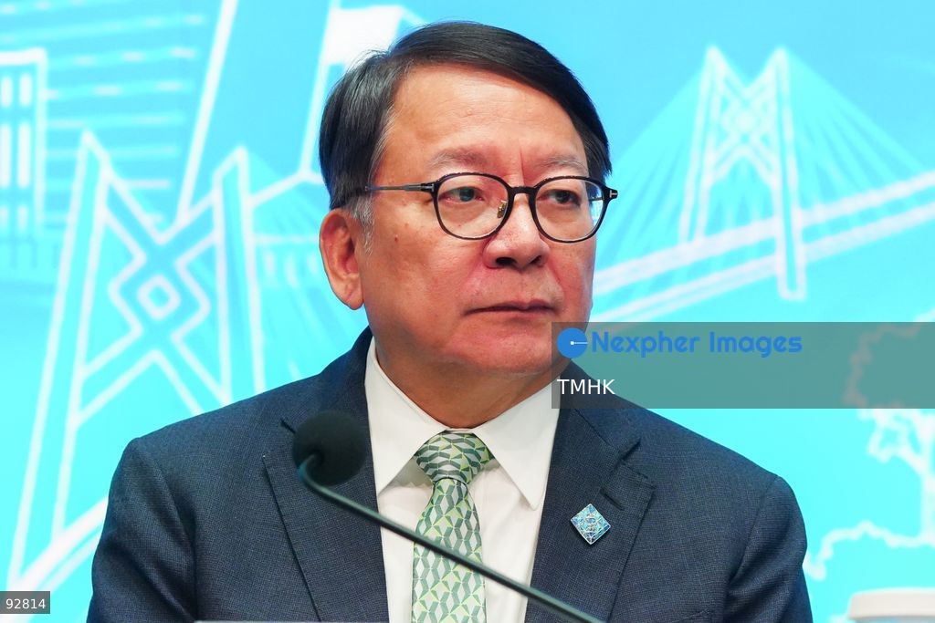 A close-up view shows Chief Secretary for Administration Chan Kwok-ki attending the press conference on the 2026 Policy Address and the "First Five-Year Plan of Hong Kong" on September 16, 2026 in Hong Kong. (Photo by Zulu Lo/TMHK via Nexpher Images)