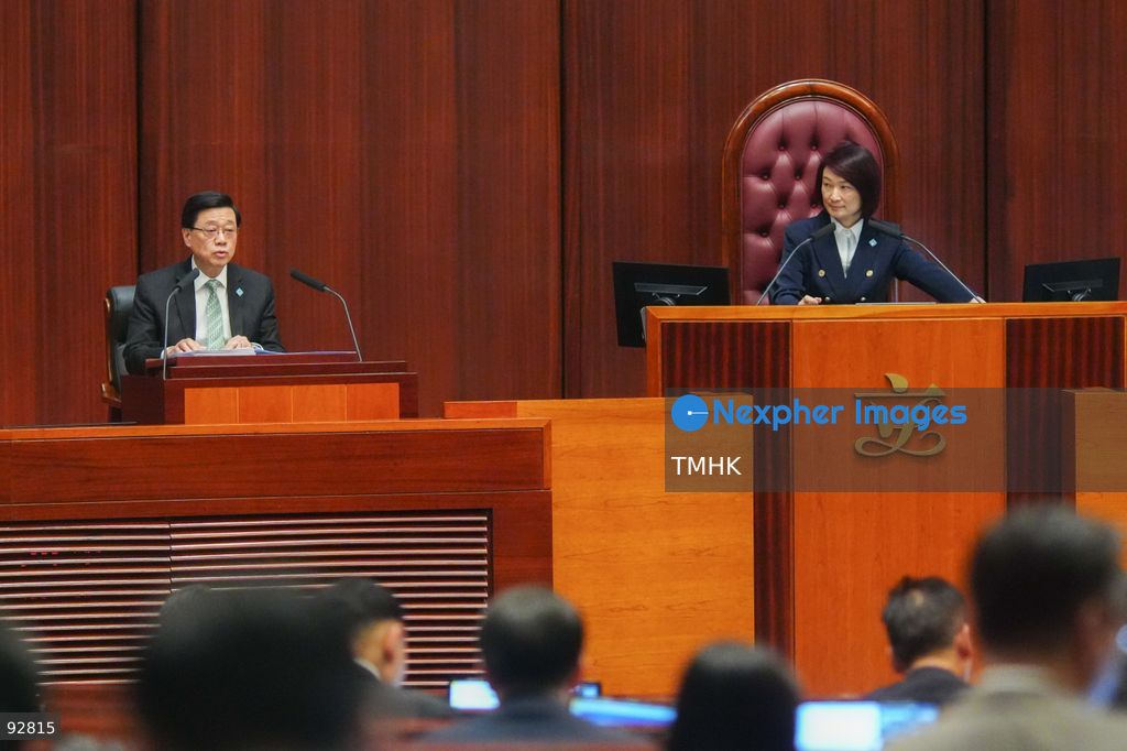 Legislative Council President Starry Lee Wai-king looks at Hong Kong Chief Executive John Lee Ka-chiu as he delivers his 2026 Policy Address at the LegCo chamber on September 16, 2026 in Hong Kong. (Photo by Zulu Lo/TMHK via Nexpher Images)