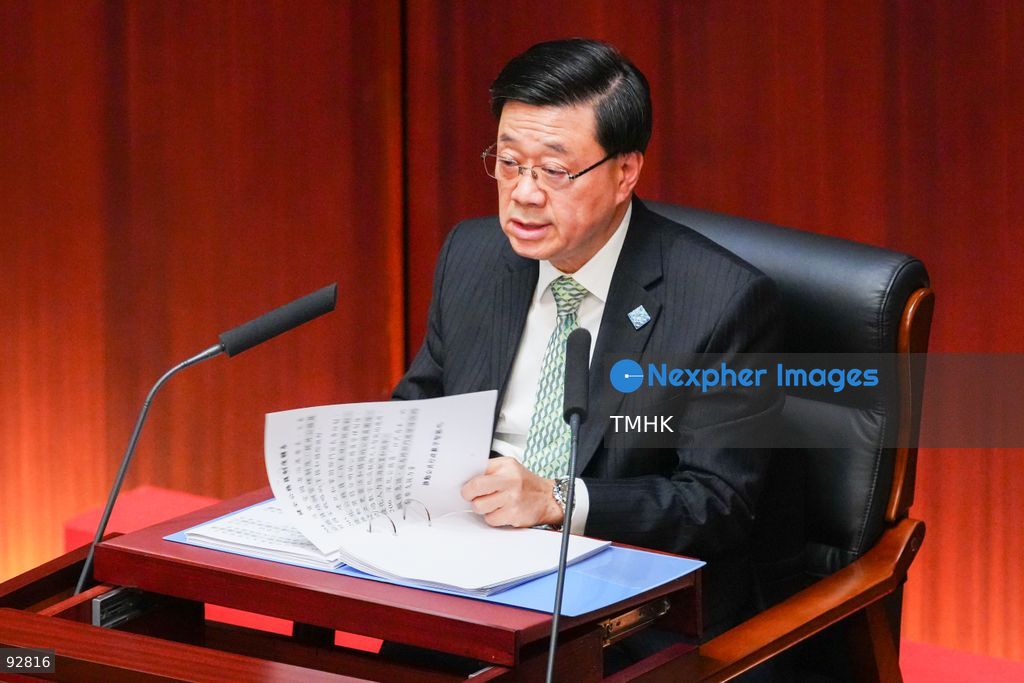 A high-angle close-up view from the public gallery shows Hong Kong Chief Executive John Lee Ka-chiu delivering his 2026 Policy Address at the Legislative Council chamber on September 16, 2026 in Hong Kong. (Photo by Zulu Lo/TMHK via Nexpher Images)