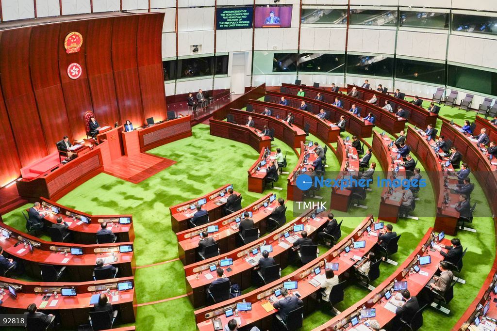 A high-angle wide view from the public gallery shows the Legislative Council chamber as Hong Kong Chief Executive John Lee Ka-chiu delivers his 2026 Policy Address on September 16, 2026 in Hong Kong. (Photo by Zulu Lo/TMHK via Nexpher Images)