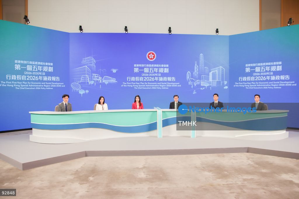 Hong Kong Chief Executive John Lee Ka-chiu poses for a photo call with representatives from five television broadcasters, TVB, Now TV, i-CABLE, RTHK, and Phoenix TV, before a joint television forum on the 2026 Policy Address and the "First Five-Year Plan of Hong Kong" on September 16, 2026 in Hong Kong. (Photo by Gordon Choi/TMHK via Nexpher Images)