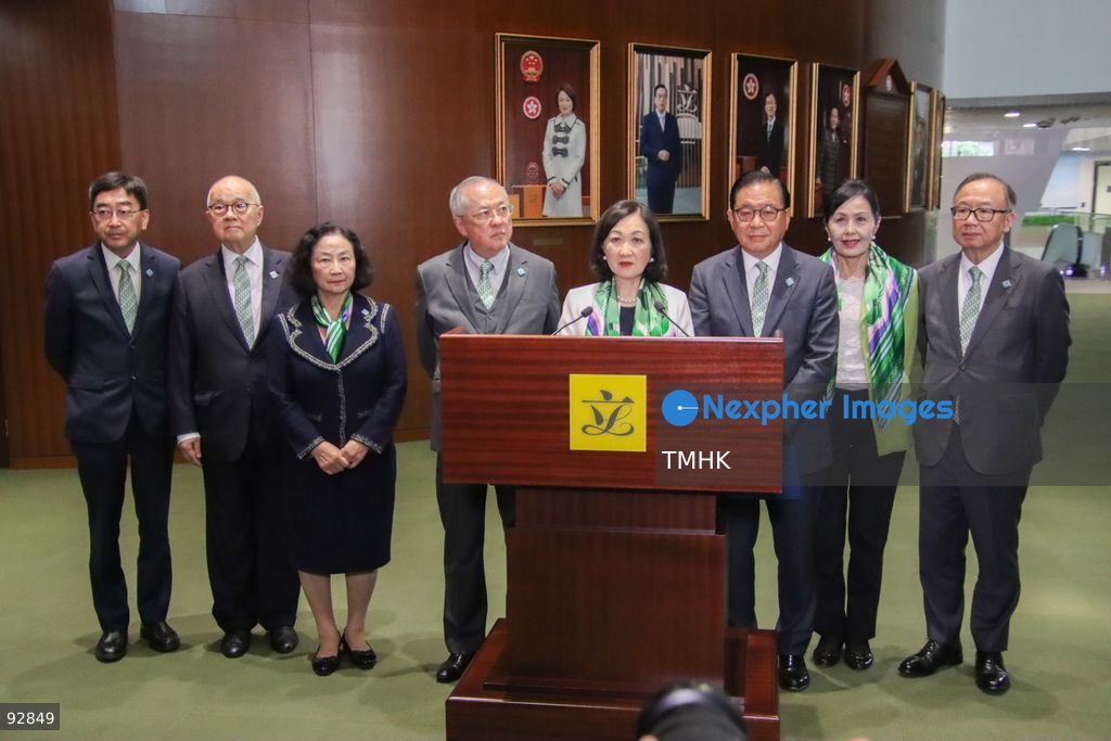 A general view shows Convenor of the Executive Council Regina Ip Lau Suk-yee, along with other non-official members of the Executive Council, speaking to the media in response to the newly delivered 2026 Policy Address and the "First Five-Year Plan of Hong Kong" on September 16, 2026 in Hong Kong. (Photo by Gordon Choi/TMHK via Nexpher Images)