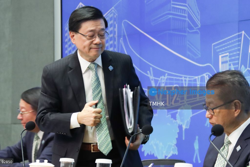 Hong Kong Chief Executive John Lee Ka-chiu leaves the table after concluding the press conference on the 2026 Policy Address and the "First Five-Year Plan of Hong Kong" on September 16, 2026 in Hong Kong. (Photo by Gordon Choi/TMHK via Nexpher Images)