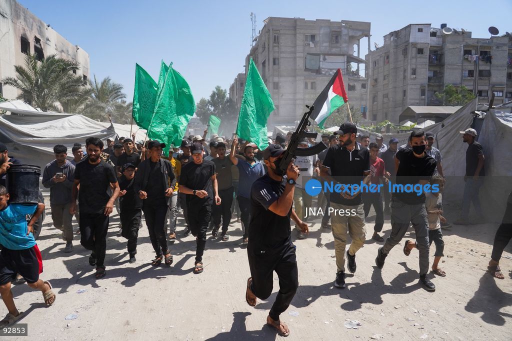 KHAN YOUNIS, GAZA STRIP, PALESTINE, SEPTEMBER 16, 2026: Mourners attend the funeral of Nael Abu Obeid in Khan Younis in the southern Gaza Strip. Abu Obeid was identified by Palestinian sources as a commander in the Al-Qassam Brigades, the armed wing of Hamas. Photo by Ramzi Abu Amer / JNA Press. (Photo by Ramzi Abu Amer/JNA Press via Nexpher Images)