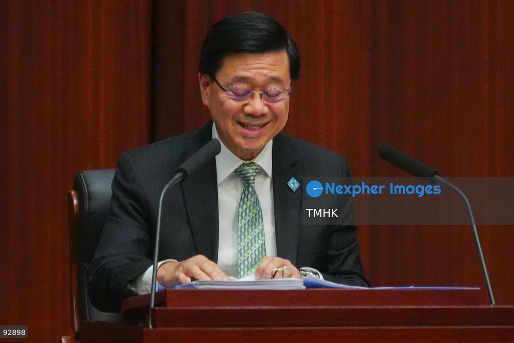 A close-up view shows Hong Kong Chief Executive John Lee Ka-chiu delivering his 2026 Policy Address and the "First Five-Year Plan of Hong Kong" at the Legislative Council chamber on September 16, 2026 in Hong Kong. (Photo by Zulu Lo/TMHK via Nexpher Images)