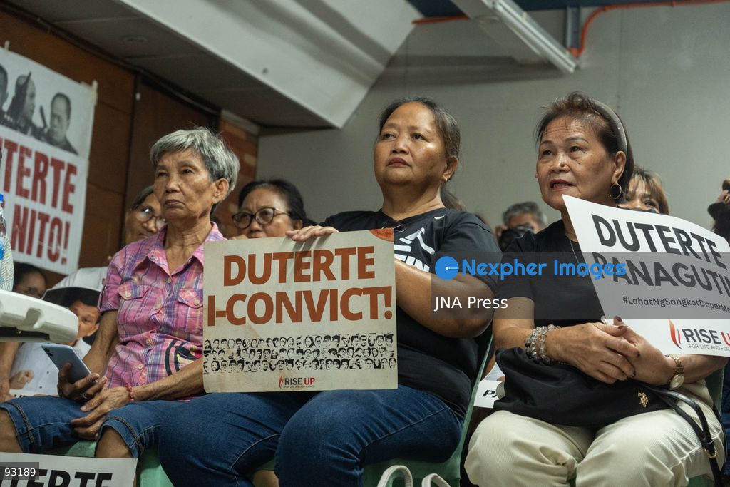 QUEZON CITY, PHILIPPINES, SEPTEMBER 16, 2026: Families of people killed during former Philippine President Rodrigo Duterte’s anti-drug campaign gather at the National Council of Churches in the Philippines in Quezon City to watch an International Criminal Court status conference in Duterte’s case. Duterte is facing proceedings before the ICC over alleged crimes against humanity committed during his anti-drug campaign. Photo by Charles Perez / JNA Press. (Photo by Charles Edmon S. Perez/JNA Press via Nexpher Images)