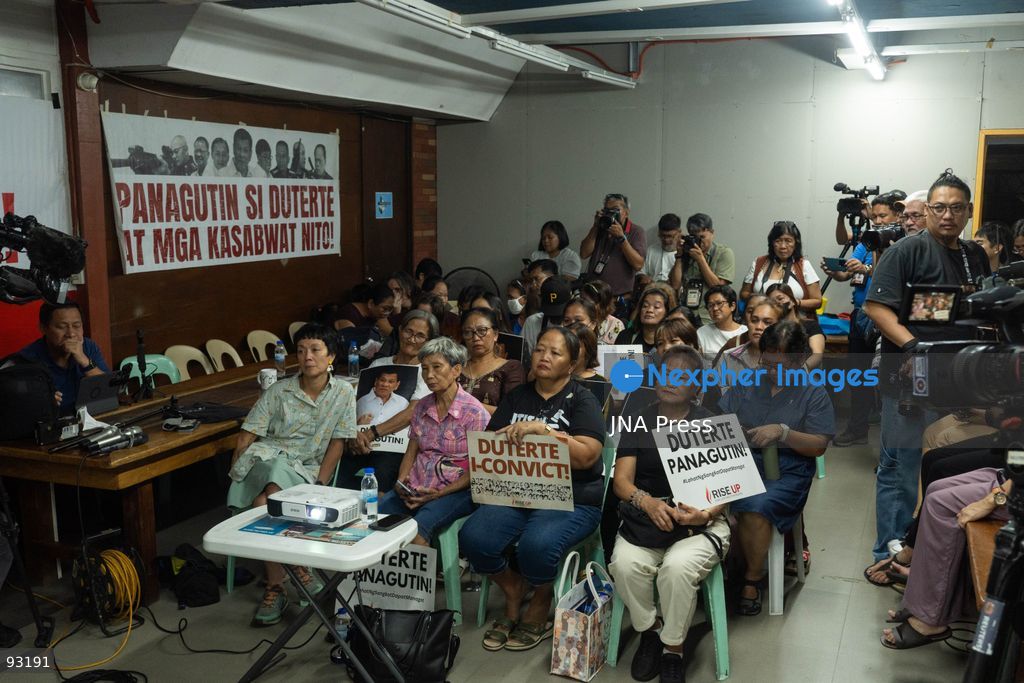 QUEZON CITY, PHILIPPINES, SEPTEMBER 16, 2026: Families of people killed during former Philippine President Rodrigo Duterte’s anti-drug campaign gather at the National Council of Churches in the Philippines in Quezon City to watch an International Criminal Court status conference in Duterte’s case. Duterte is facing proceedings before the ICC over alleged crimes against humanity committed during his anti-drug campaign. Photo by Charles Perez / JNA Press. (Photo by Charles Edmon S. Perez/JNA Press via Nexpher Images)