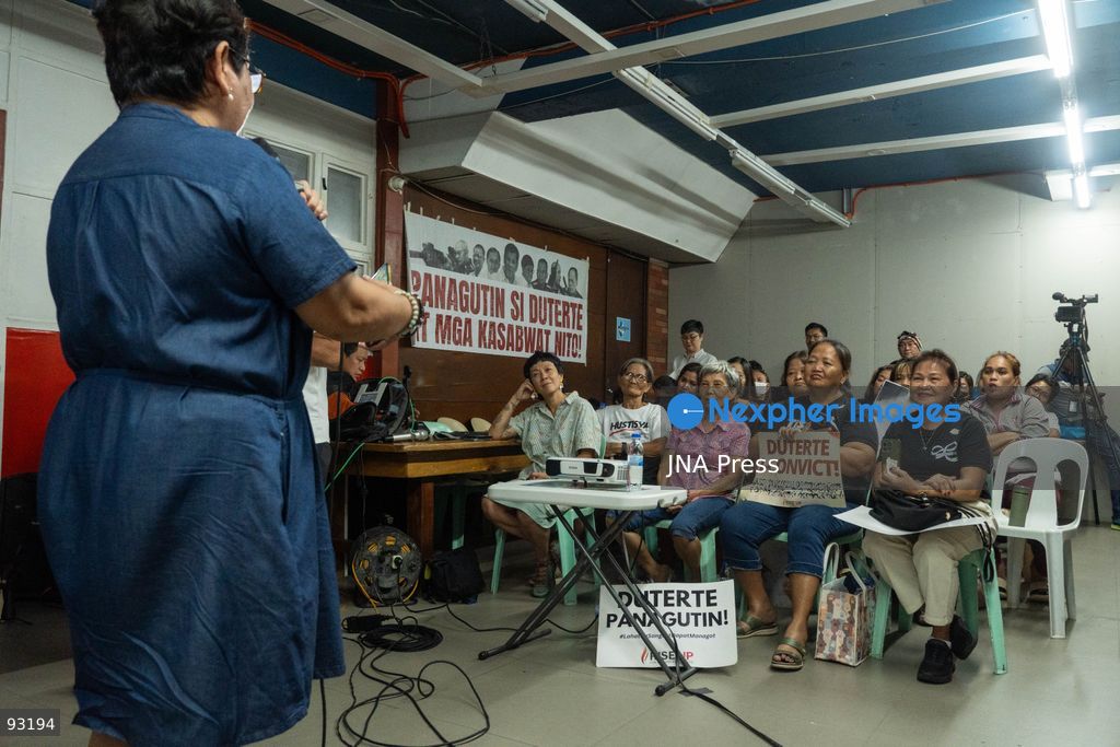 QUEZON CITY, PHILIPPINES, SEPTEMBER 16, 2026: Families of people killed during former Philippine President Rodrigo Duterte’s anti-drug campaign gather at the National Council of Churches in the Philippines in Quezon City to watch an International Criminal Court status conference in Duterte’s case. Duterte is facing proceedings before the ICC over alleged crimes against humanity committed during his anti-drug campaign. Photo by Charles Perez / JNA Press. (Photo by Charles Edmon S. Perez/JNA Press via Nexpher Images)