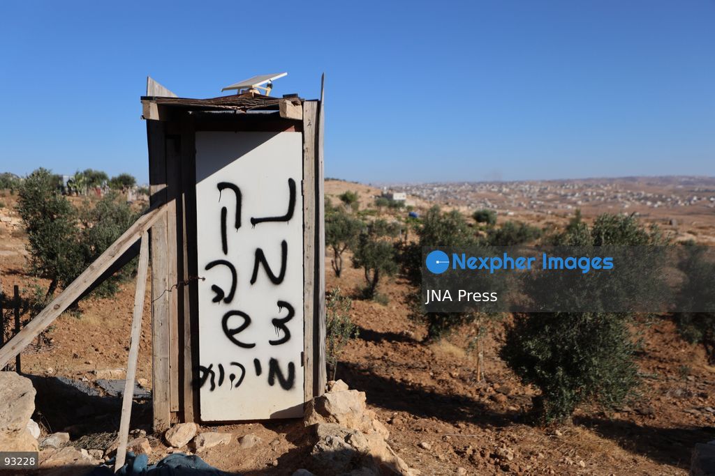 AT-TUWANI, MASAFER YATTA, OCCUPIED WEST BANK, SEPTEMBER 16, 2026: Graffiti and fire damage are seen on a Palestinian home following a reported attack by Israeli settlers in the village of At-Tuwani, Masafer Yatta, south of Hebron. Photo by Mosab Shawer / JNA Press. (Photo by Mosab shawer/JNA Press via Nexpher Images)