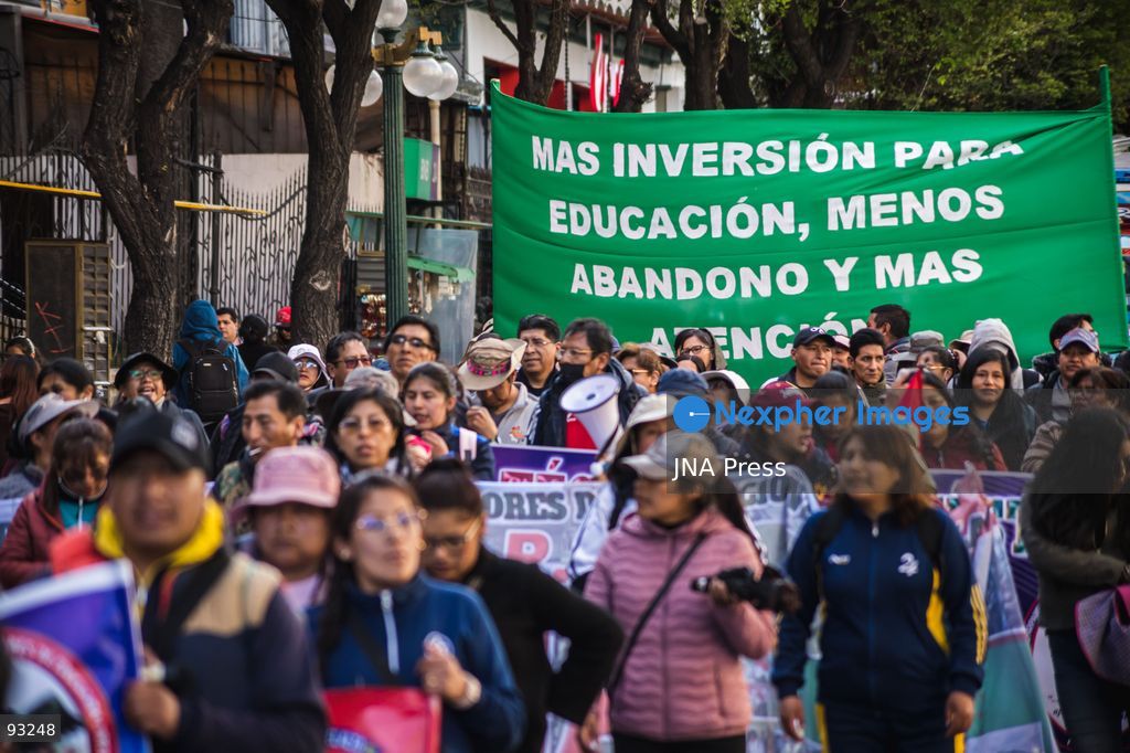 LA PAZ, BOLIVIA, SEPTEMBER 15, 2026: Urban teachers march through central La Paz during a protest over economic and education-related demands while a government-declared state of exception remains in effect. Demonstrators carried empty pots as a symbol of declining purchasing power and called for government action on education policies, wages and the rising cost of living. Photo by Andres Balcazar / JNA Press. (Photo by Andres Balcazar/JNA Press via Nexpher Images)