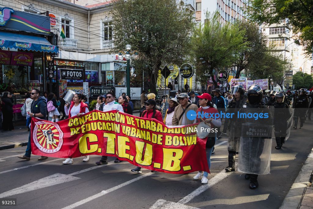 LA PAZ, BOLIVIA, SEPTEMBER 15, 2026: Urban teachers march through central La Paz during a protest over economic and education-related demands while a government-declared state of exception remains in effect. Demonstrators carried empty pots as a symbol of declining purchasing power and called for government action on education policies, wages and the rising cost of living. Photo by Andres Balcazar / JNA Press. (Photo by Andres Balcazar/JNA Press via Nexpher Images)