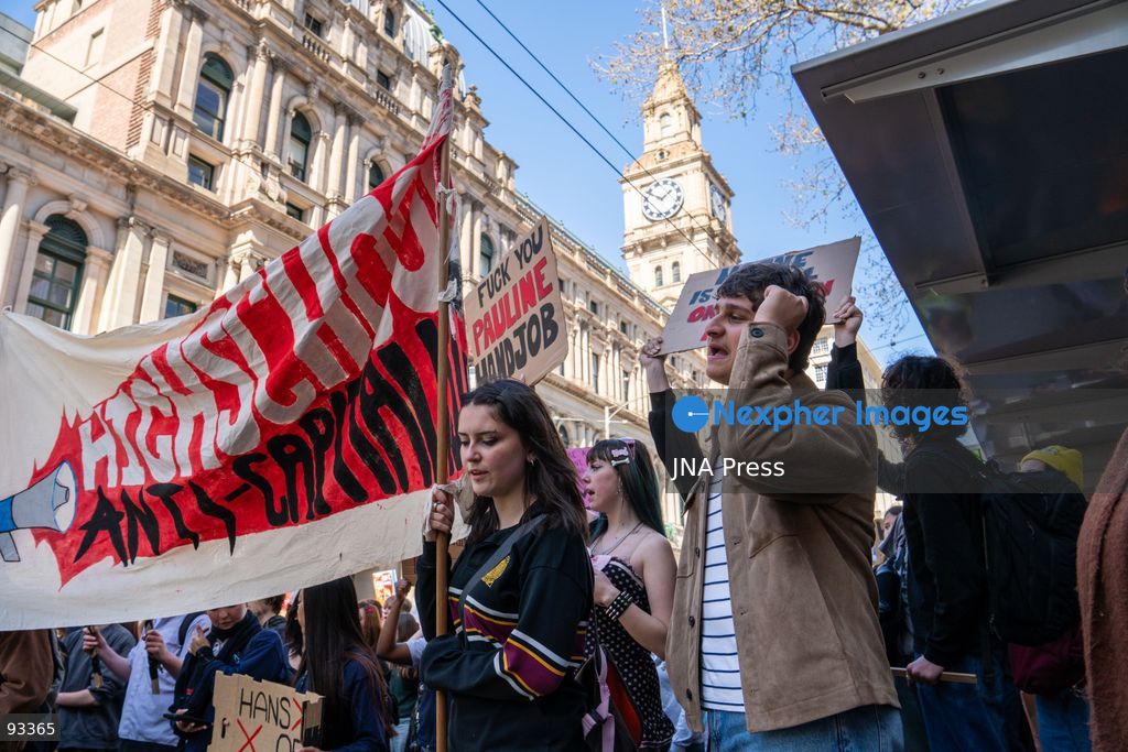 MELBOURNE, AUSTRALIA, SEPTEMBER 17, 2026: High school students march through Melbourne during a nationwide student walkout against Senator Pauline Hanson and her One Nation party. Students left classes for the second such nationwide protest, carrying signs and banners and chanting slogans as they marched through the city. Photo by Braden Nam / JNA Press. (Photo by Taemin Braden Nam/JNA Press via Nexpher Images)