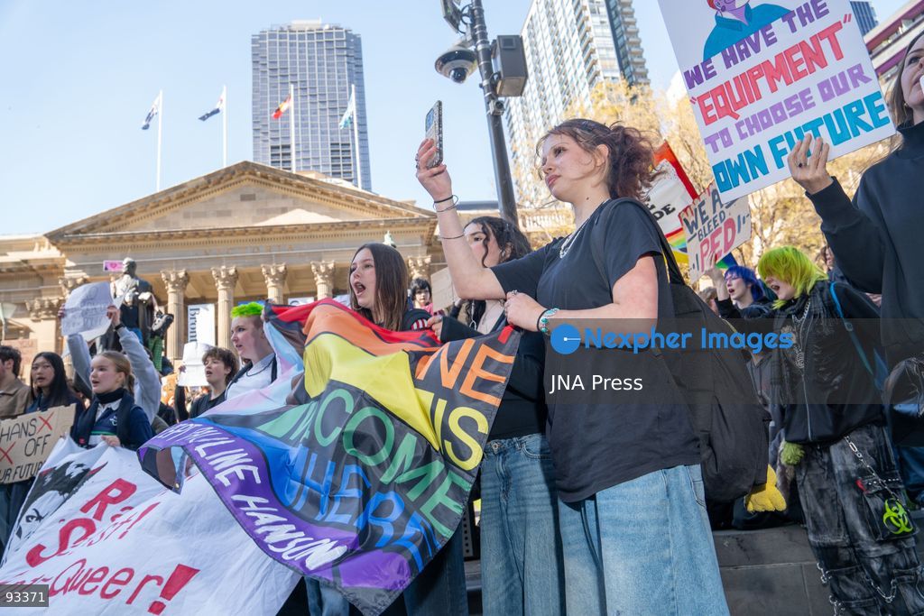 MELBOURNE, AUSTRALIA, SEPTEMBER 17, 2026: High school students march through Melbourne during a nationwide student walkout against Senator Pauline Hanson and her One Nation party. Students left classes for the second such nationwide protest, carrying signs and banners and chanting slogans as they marched through the city. Photo by Braden Nam / JNA Press. (Photo by Taemin Braden Nam/JNA Press via Nexpher Images)