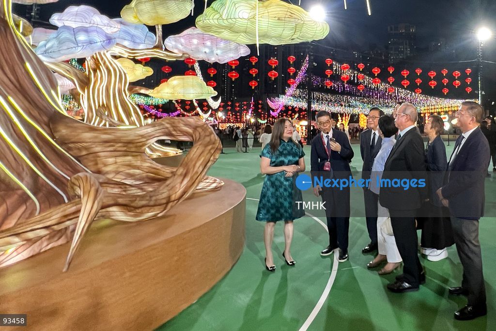 Secretary for Culture, Sports and Tourism Rosanna Law Shuk-pui listens to a guided tour as she tours the "International Mid-Autumn Lantern Carnival" exhibition at Victoria Park on September 17, 2026 in Hong Kong. (Photo by Peter Tsang/TMHK via Nexpher Images)