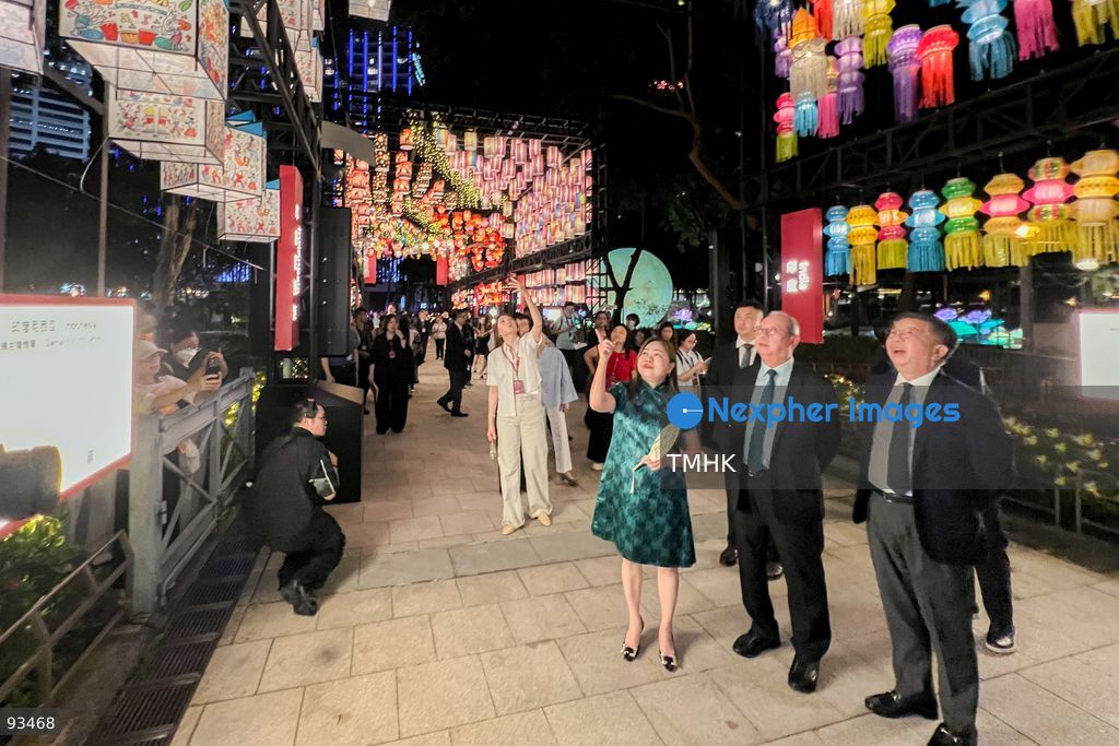 Secretary for Culture, Sports and Tourism Rosanna Law Shuk-pui; Hong Kong Tourism Board Chairman Dr. Peter Lam Kin-ngok; Permanent Secretary for Culture, Sports and Tourism Joephy Shum Fung-kuen; Hong Kong Tourism Board Executive Director Anthony Lau Chun-hon; and Director of Leisure and Cultural Services Rachel Chan Wing-man view lantern installations during their tour of the "International Mid-Autumn Lantern Carnival" at Victoria Park on September 17, 2026 in Hong Kong. (Photo by Peter Tsang/TMHK via Nexpher Images)