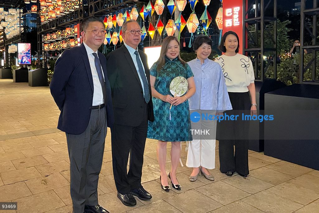 Secretary for Culture, Sports and Tourism Rosanna Law Shuk-pui; Hong Kong Tourism Board Chairman Dr. Peter Lam Kin-ngok; Permanent Secretary for Culture, Sports and Tourism Joephy Shum Fung-kuen; Hong Kong Tourism Board Executive Director Anthony Lau Chun-hon; and Director of Leisure and Cultural Services Rachel Chan Wing-man pose for a photo call during the "International Mid-Autumn Lantern Carnival" at Victoria Park on September 17, 2026 in Hong Kong. (Photo by Peter Tsang/TMHK via Nexpher Images)