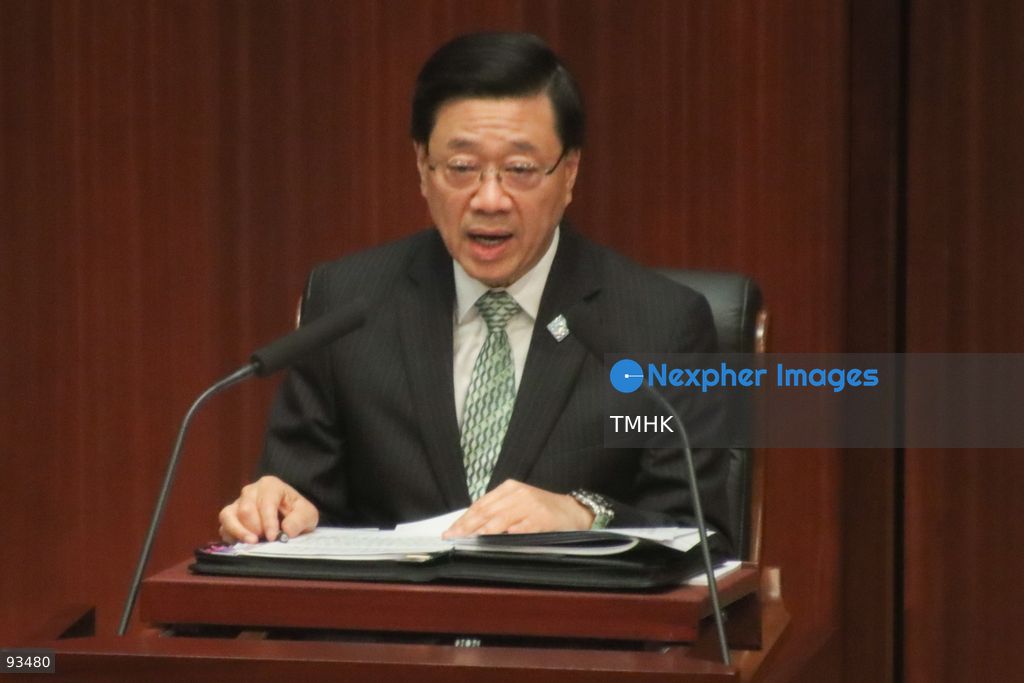 A high-angle close-up view shows Hong Kong Chief Executive John Lee Ka-chiu speaking during the Interactive Exchange Question and Answer Session on the 2026 Policy Address and the "First Five-Year Plan of Hong Kong" at the Legislative Council chamber on September 17, 2026 in Hong Kong. (Photo by Gordon Choi/TMHK via Nexpher Images)