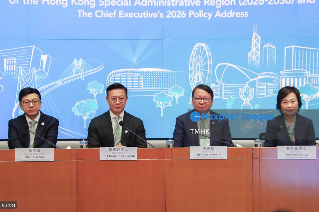 Chief Secretary for Administration Chan Kwok-ki; Deputy Secretary for Justice Cheung Kwok-kwan; Secretary for Education Christine Choi Yuk-lin; and Secretary for Labour and Welfare Chris Sun Yuk-han pose for a photo call before a press conference detailing talent and University Town initiatives in the 2026 Policy Address and the "First Five-Year Plan of Hong Kong" on September 17, 2026 in Hong Kong. (Photo by Gordon Choi/TMHK via Nexpher Images)