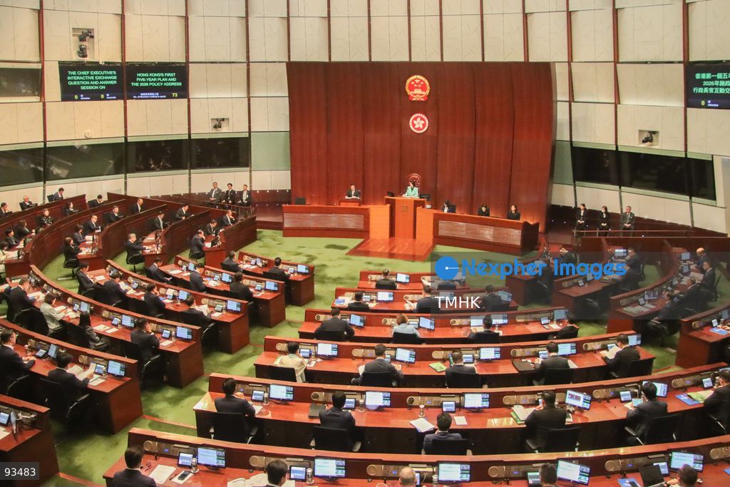 An elevated wide view captures the Legislative Council chamber as Hong Kong Chief Executive John Lee Ka-chiu speaks during the Interactive Exchange Question and Answer Session on September 17, 2026 in Hong Kong. (Photo by Gordon Choi/TMHK via Nexpher Images)