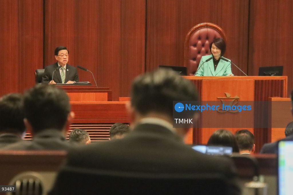 A view shows Hong Kong Chief Executive John Lee Ka-chiu speaking during the Interactive Exchange Question and Answer Session as Legislative Council President Starry Lee looks on at the Legislative Council complex on September 17, 2026 in Hong Kong. Lee highlighted that the five-year blueprint marks a strategic milestone aimed at improving livelihoods. (Photo by Gordon Choi/TMHK via Nexpher Images)
