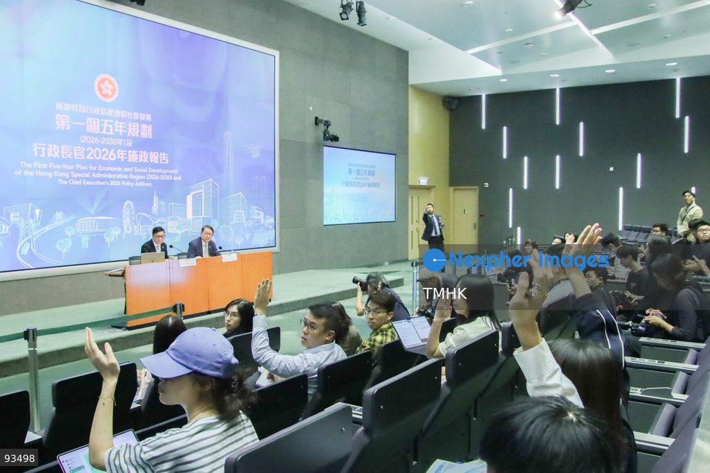 A general view shows Chief Secretary for Administration Chan Kwok-ki and Secretary for Security Chris Tang Ping-keung taking questions from reporters during a press conference on the 2026 Policy Address and the "First Five-Year Plan of Hong Kong" on September 17, 2026 in Hong Kong. (Photo by Gordon Choi/TMHK via Nexpher Images)