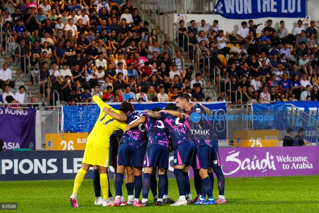 Kitchee players gather in a team huddle on the pitch to motivate each other ahead of kick-off in the AFC Champions League Two group stage match against Gangwon FC at Mong Kok Stadium on September 17, 2026 in Hong Kong. (Photo by Zulu Lo/TMHK via Nexpher Images)