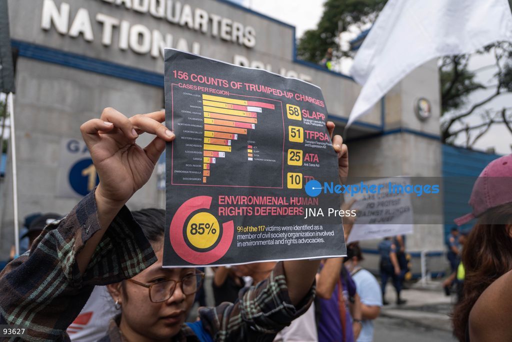 QUEZON CITY, PHILIPPINES, SEPTEMBER 17, 2026: Environmental defenders and Indigenous groups gather outside Camp Crame in Quezon City to protest police actions against communities opposing mining exploration in Kasibu, Nueva Vizcaya. The demonstration follows the August 28 police dispersal of an anti-mining barricade in Barangay Paquet, where 11 protesters were arrested during a dispute over the entry of North Luzon Mineral Resources Corporation for mineral exploration. The 11 were later released on bail, while charges against them remain pending. Photo by Chares Edmon / JNA Press. (Photo by Charles Edmon S. Perez/JNA Press via Nexpher Images)