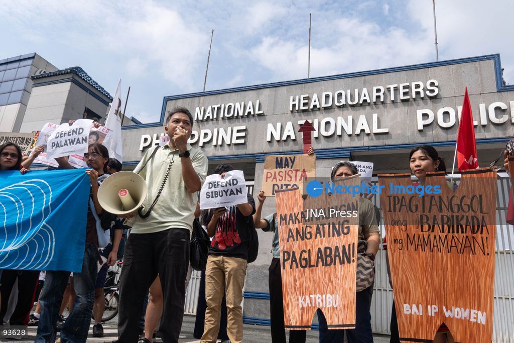 QUEZON CITY, PHILIPPINES, SEPTEMBER 17, 2026: Environmental defenders and Indigenous groups gather outside Camp Crame in Quezon City to protest police actions against communities opposing mining exploration in Kasibu, Nueva Vizcaya. The demonstration follows the August 28 police dispersal of an anti-mining barricade in Barangay Paquet, where 11 protesters were arrested during a dispute over the entry of North Luzon Mineral Resources Corporation for mineral exploration. The 11 were later released on bail, while charges against them remain pending. Photo by Chares Edmon / JNA Press. (Photo by Charles Edmon S. Perez/JNA Press via Nexpher Images)