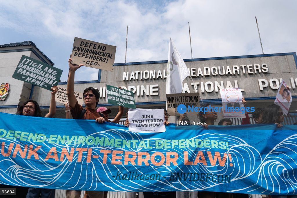 QUEZON CITY, PHILIPPINES, SEPTEMBER 17, 2026: Environmental defenders and Indigenous groups gather outside Camp Crame in Quezon City to protest police actions against communities opposing mining exploration in Kasibu, Nueva Vizcaya. The demonstration follows the August 28 police dispersal of an anti-mining barricade in Barangay Paquet, where 11 protesters were arrested during a dispute over the entry of North Luzon Mineral Resources Corporation for mineral exploration. The 11 were later released on bail, while charges against them remain pending. Photo by Chares Edmon / JNA Press. (Photo by Charles Edmon S. Perez/JNA Press via Nexpher Images)