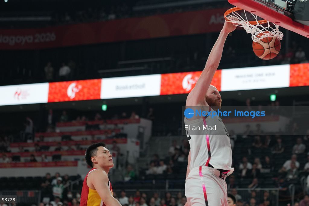 Alex Kirk of team Japan scoring during the Japan vs China Semi Finals Basketball game at the 2026 Asian Games on September 18, 2026 in Nagoya, Japan. (Photo by Ellan Mad/Nexpher Images)