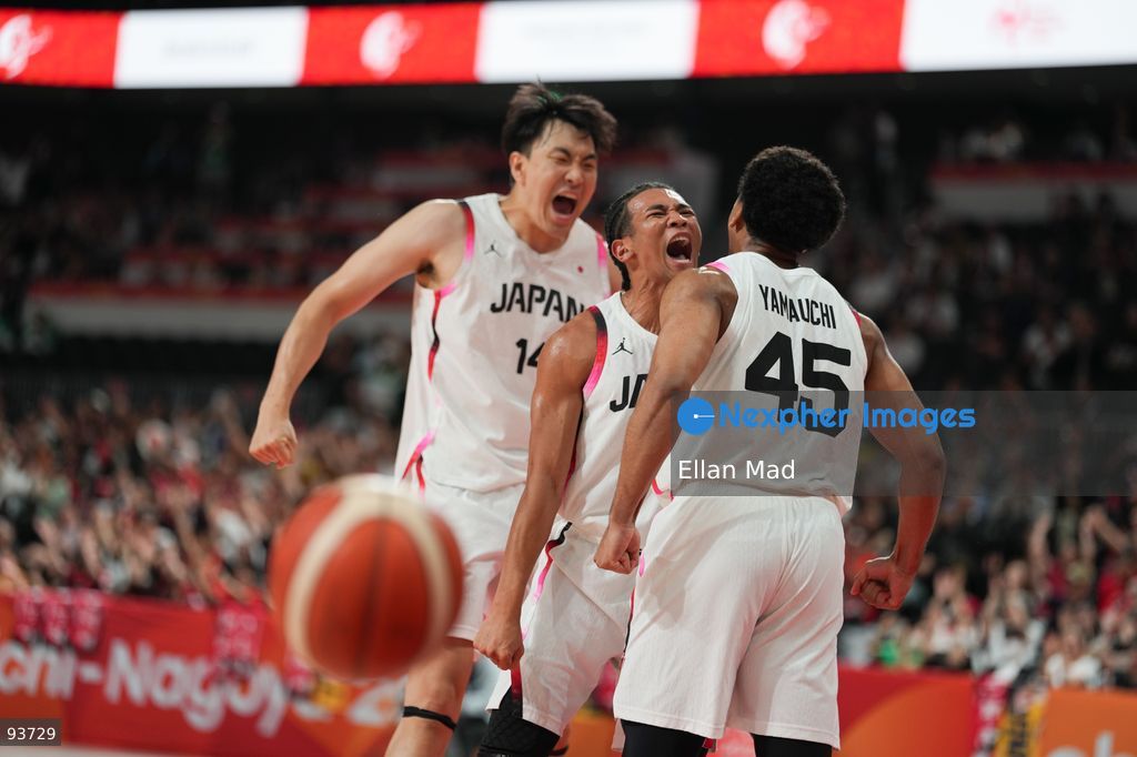 Jaheru Ryuto Yamauchi, John Harper Jr and Toyoshige Kano of team Japan celebrating after a score during the Japan vs China Semi Finals Basketball game at the 2026 Asian Games on September 18, 2026 in Nagoya, Japan. (Photo by Ellan Mad/Nexpher Images)