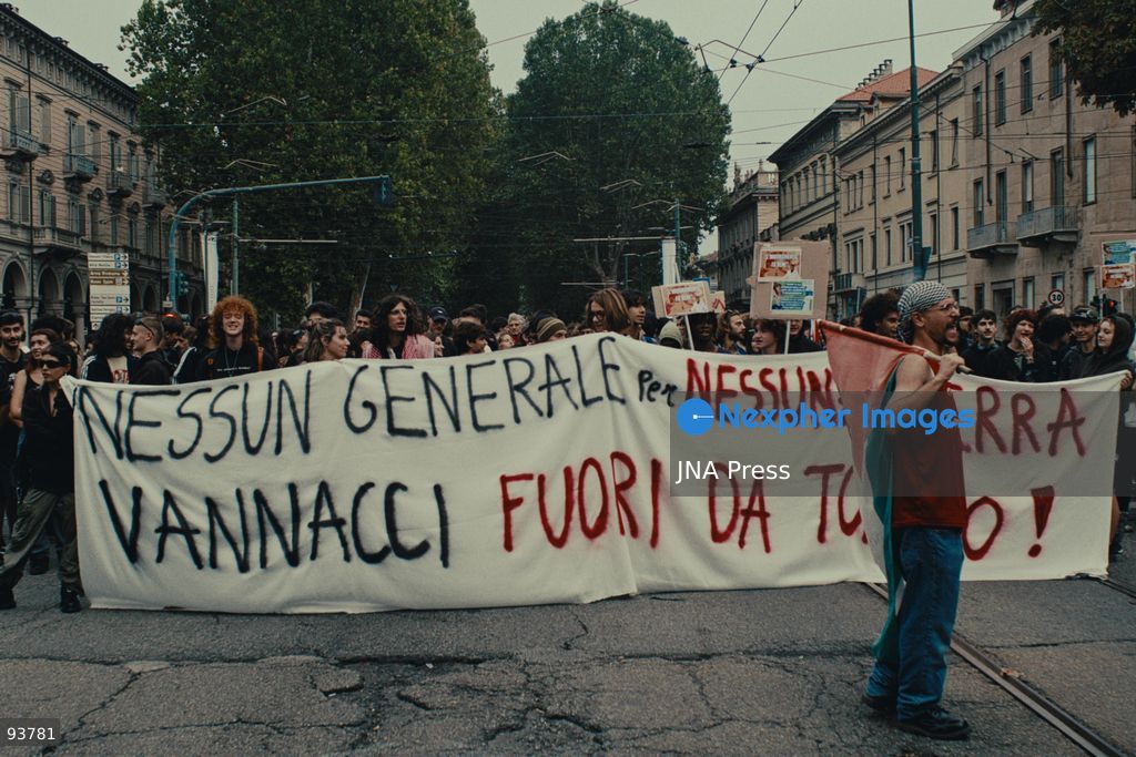 TURIN, ITALY, SEPTEMBER 18, 2026: Demonstrators march through central Turin during a protest against the presence of Roberto Vannacci, leader of Futuro Nazionale, who was attending a conference on urban security at the NH Torino Centro hotel. The demonstration began as a picket near the venue before protesters marched through surrounding streets amid a heavy police presence. The conference, organized by the FSP police union, had initially been presented as professional training for police officers before Italy’s Department of Public Security clarified that it was a union initiative and would not qualify as professional training. Photo by Julian Nelaj / JNA Press. (Photo by Julian Nelaj/JNA Press via Nexpher Images)