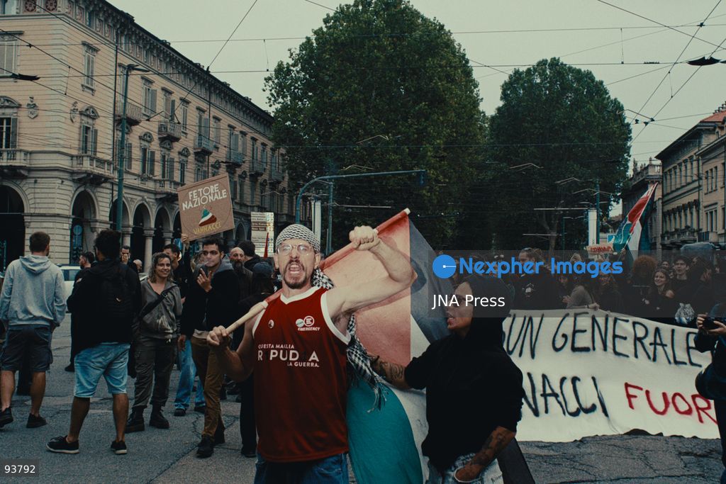 TURIN, ITALY, SEPTEMBER 18, 2026: Demonstrators march through central Turin during a protest against the presence of Roberto Vannacci, leader of Futuro Nazionale, who was attending a conference on urban security at the NH Torino Centro hotel. The demonstration began as a picket near the venue before protesters marched through surrounding streets amid a heavy police presence. The conference, organized by the FSP police union, had initially been presented as professional training for police officers before Italy’s Department of Public Security clarified that it was a union initiative and would not qualify as professional training. Photo by Julian Nelaj / JNA Press. (Photo by Julian Nelaj/JNA Press via Nexpher Images)