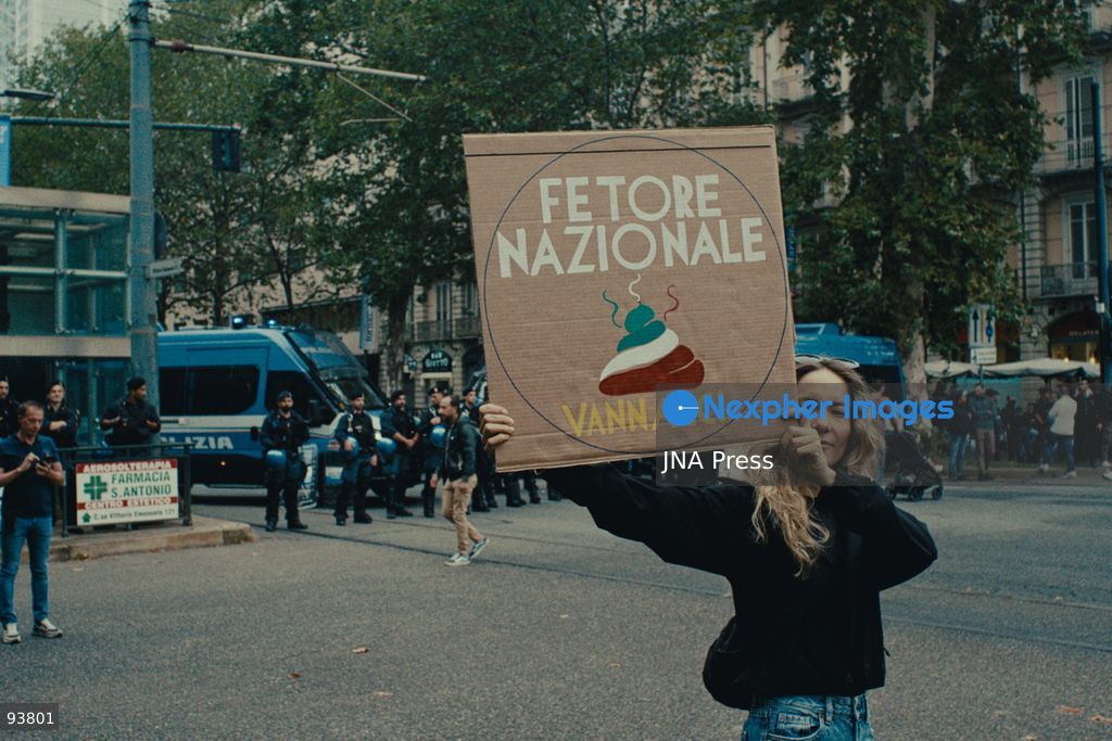 TURIN, ITALY, SEPTEMBER 18, 2026: Demonstrators march through central Turin during a protest against the presence of Roberto Vannacci, leader of Futuro Nazionale, who was attending a conference on urban security at the NH Torino Centro hotel. The demonstration began as a picket near the venue before protesters marched through surrounding streets amid a heavy police presence. The conference, organized by the FSP police union, had initially been presented as professional training for police officers before Italy’s Department of Public Security clarified that it was a union initiative and would not qualify as professional training. Photo by Julian Nelaj / JNA Press. (Photo by Julian Nelaj/JNA Press via Nexpher Images)