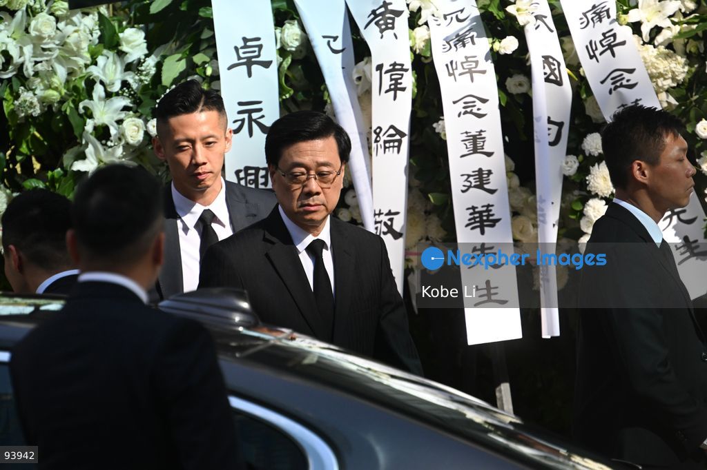 John Lee, Chief Executive leaving the Hong Kong Funeral Home in North Point on September 19, 2026 in Hong Kong. Today, the public memorial ceremony for Hong Kong's first Chief Executive, Tung Chee-hwa at the Hong Kong Funeral Home in North Point. (Photo by Kobe Li/Nexpher Images)