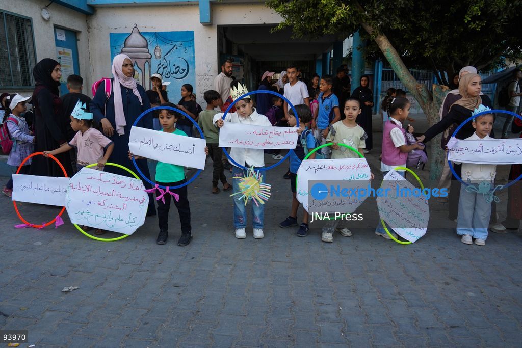 NUSEIRAT, GAZA STRIP, SEPTEMBER 19, 2026: Palestinian children return to classrooms at an UNRWA school in Nuseirat refugee camp in the central Gaza Strip as in-person education gradually resumes following years of disruption caused by the war. The return comes as the new academic year begins in Gaza, where widespread destruction, displacement and the use of school buildings as shelters have severely disrupted access to education. Photo by Ramzi Abu Amer / JNA Press. (Photo by Ramzi Abu Amer/JNA Press via Nexpher Images)