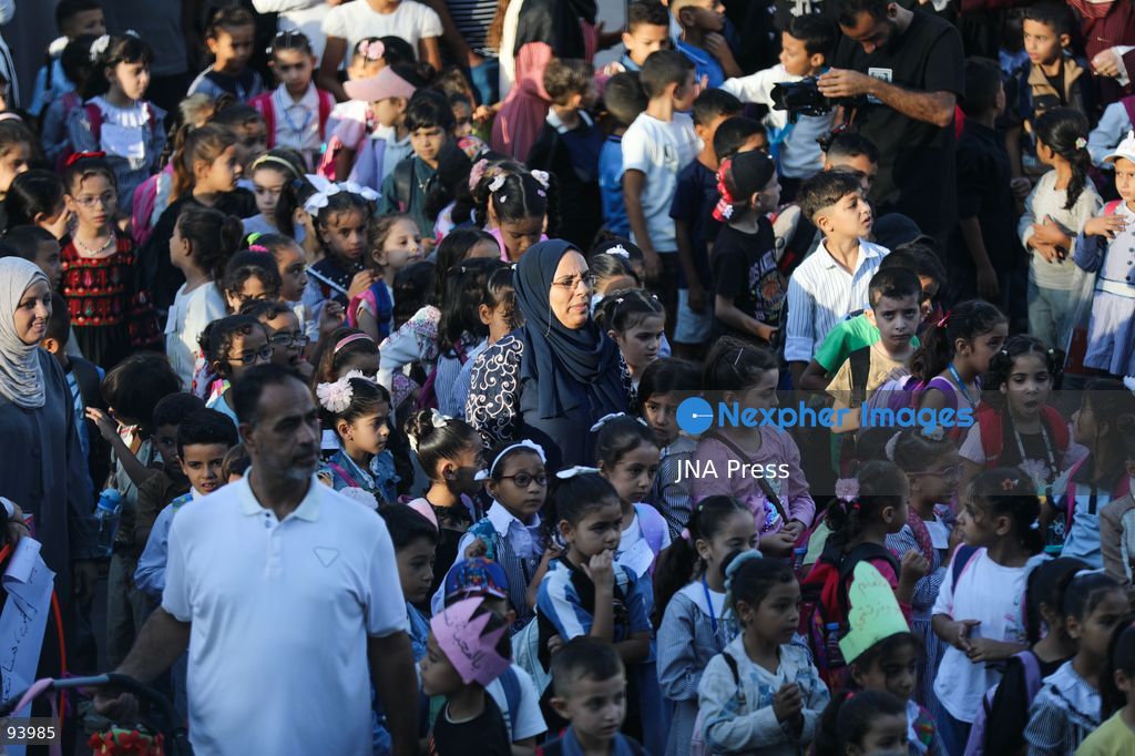 NUSEIRAT, GAZA STRIP, SEPTEMBER 19, 2026: Palestinian children return to classrooms at an UNRWA school in Nuseirat refugee camp in the central Gaza Strip as in-person education gradually resumes following years of disruption caused by the war. The return comes as the new academic year begins in Gaza, where widespread destruction, displacement and the use of school buildings as shelters have severely disrupted access to education. Photo by Ramzi Abu Amer / JNA Press. (Photo by Ramzi Abu Amer/JNA Press via Nexpher Images)