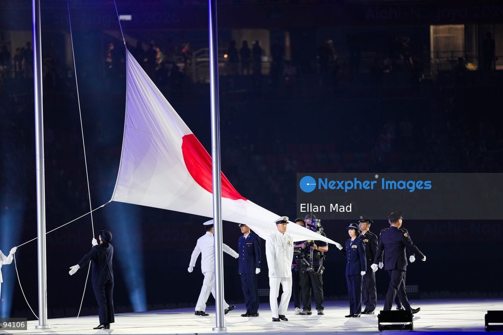 The Japanese Flag being raised at the 2026 Asian Games opening ceremony on September 19, 2026 in Nagoya, Japan. (Photo by Ellan Mad/Nexpher Images)