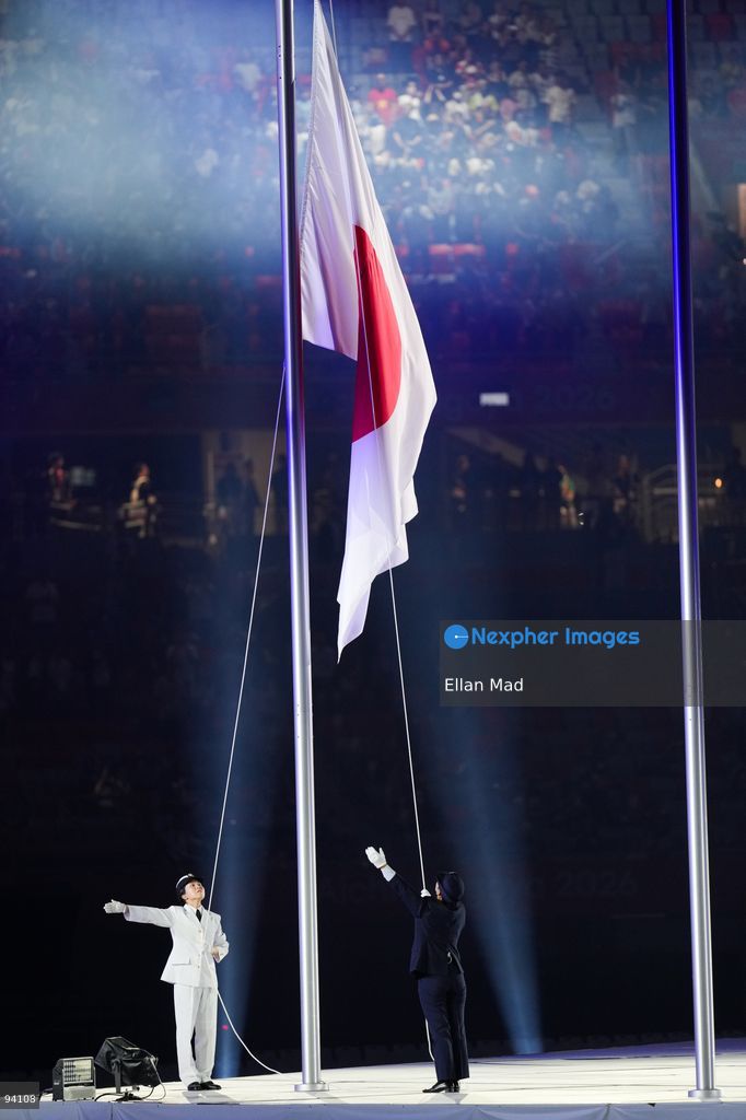 The Japanese Flag being raised at the 2026 Asian Games opening ceremony on September 19, 2026 in Nagoya, Japan. (Photo by Ellan Mad/Nexpher Images)